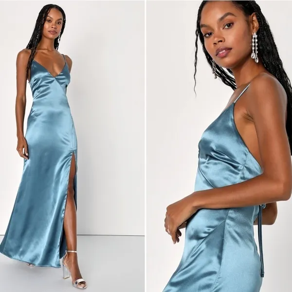 LULUS Prom Wedding Bridesmaid Sexy Satin Open Tie Back Elegant Maxi Dress - Image 3