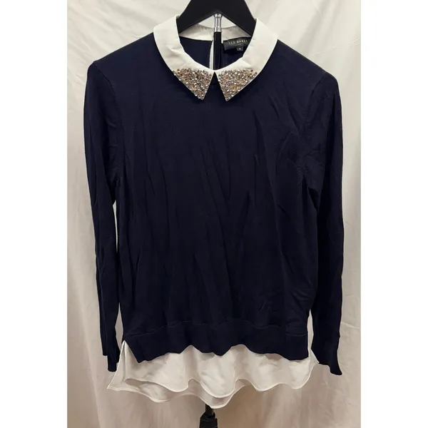 Ted Baker Liaylo Sparkle Rhinestone Collar Layered Sweater in Dark Navy Sz 2 - Image 3