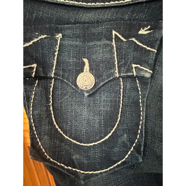 True Religion Dark Wash Jeans Womens Sz28 Dark Wash Big T White Stitching Skinny - Image 3