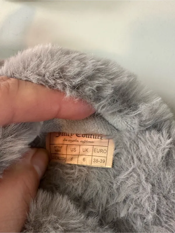 Juicy Couture Faux Fur Cozy Soft Slip On Bow Slippers Gray Size 8 - Image 6