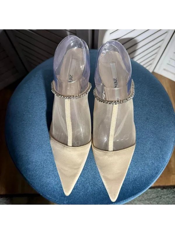 Zara sparkly mules shoes rhinestones mesh nude color pointed toe sz 8 39 - Image 5