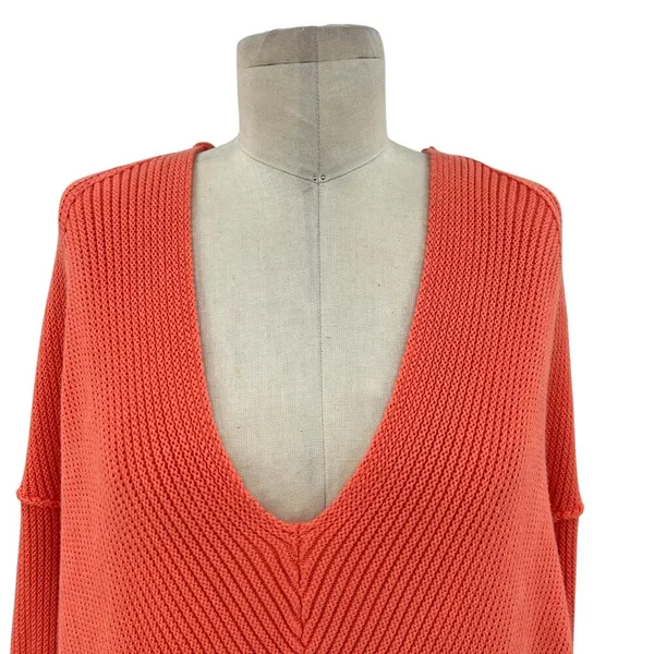 Free People La Brea Sweater V-Neck Ribbed Cuffed‎ Sleeve Coral Orange Size Large - Image 4