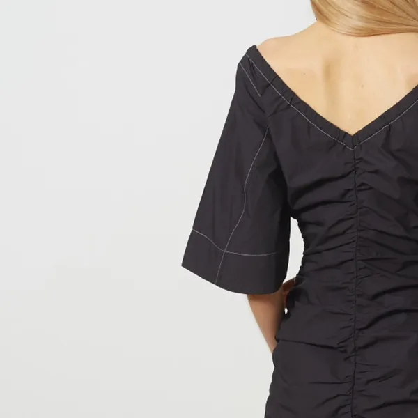 Ganni Cotton Black Ruched Dress 38 Medium Contrast Stitch - Image 4