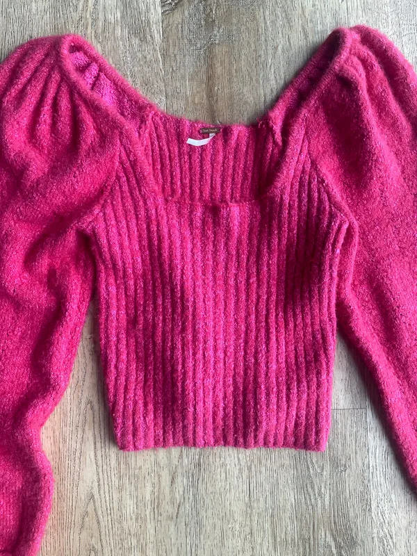 Free People Pink Puff Sleeve Sweater Top Size M Cropped Knit Square Neck - Image 2