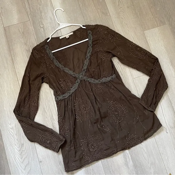 Burning Torch Top y2k boho hippie embroidered womens Brown (small) - Image 10