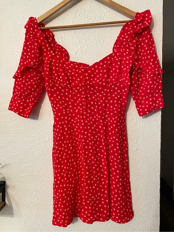 For Love & Lemons Red Buttoned Polka Dot Ruffle Mini Dress XS - Image 2