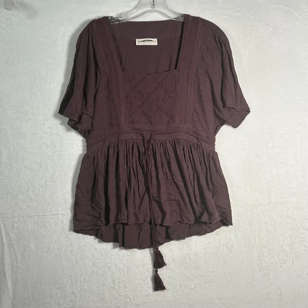 Lucky Brand Square Neck Peplum Top‎ Tassel Drawstring Burgundy XS - Image 8