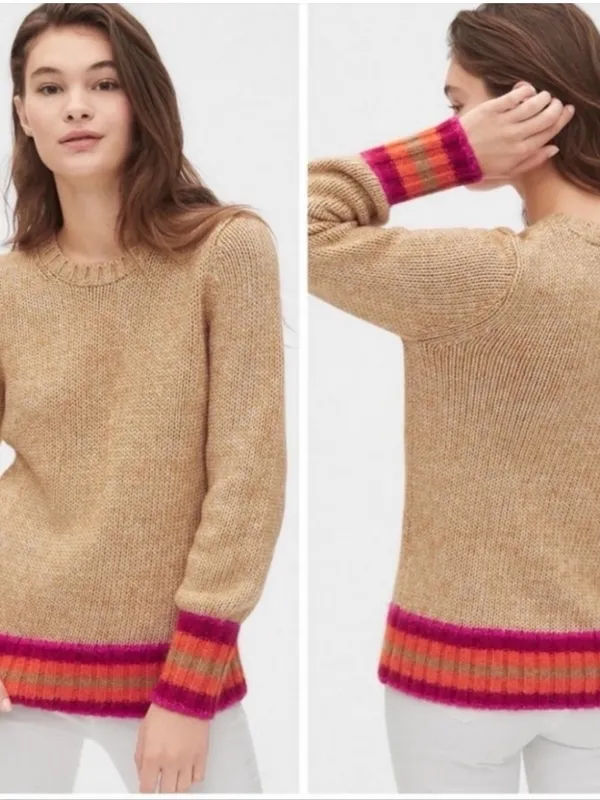 GAP Tan Crewneck Sweater with Pink & Orange Trim - Image 2