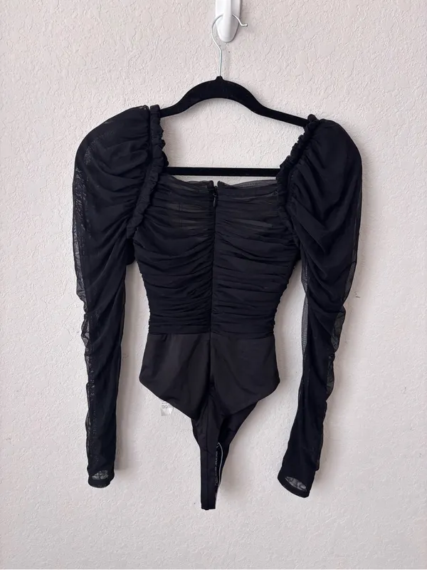House of CB Black Ruched Mesh Puff-Sleeve Square Neck Bodysuit Size XS - Image 8