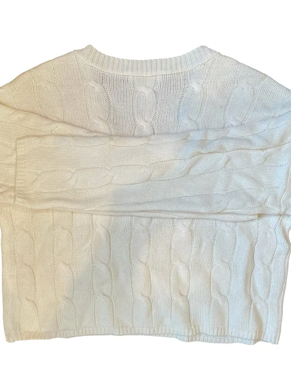SO Cable Knit Cropped Boxy Sweater Women's Lg Cream V-Neck Winter Holiday Fall - Image 2