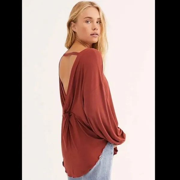 Free People Shimmy Shake Top Oversized Rust Long Sleeve Blouse scalloped hem EUC - Image 2