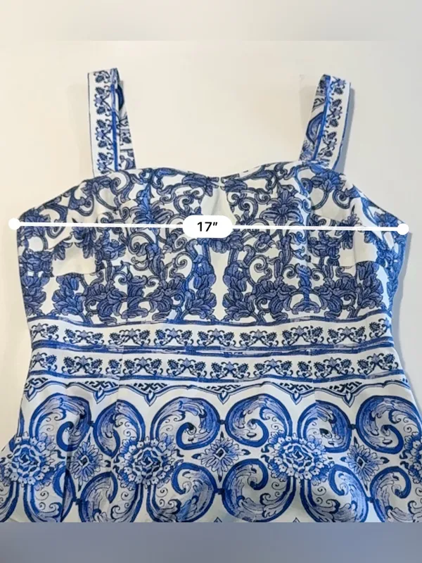 Antonio Melani Blue White Mediterranean Tile Print Midi Dress Square Neck Size 6 - Image 9