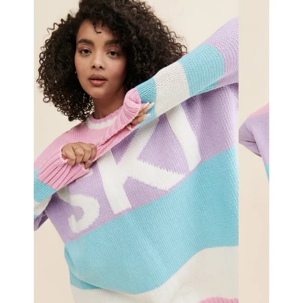 Show Me Your Mumu XL Striped SKI Logo Chunky Knit Oversized Crewneck Sweater - Image 2