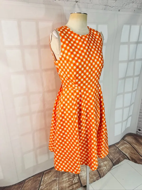 Kate Spade Orange White Plaid Tallulah Gingham Silk Blend Sleeveless Dress Sz 6 - Image 2