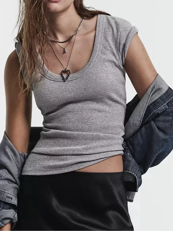 Anthropologie Heather Gray Ribbed Scoop Neck Tee size Small NWT - Image 3