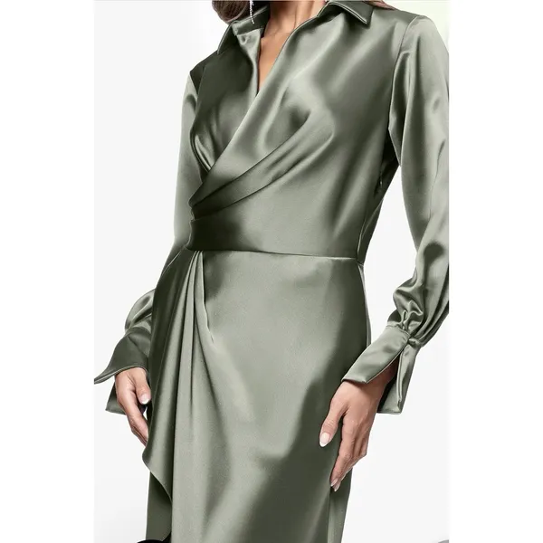 Xscape "EMERY" SATIN LONG SLEEVE COLLARED DRESS Size 8 Green - Image 3