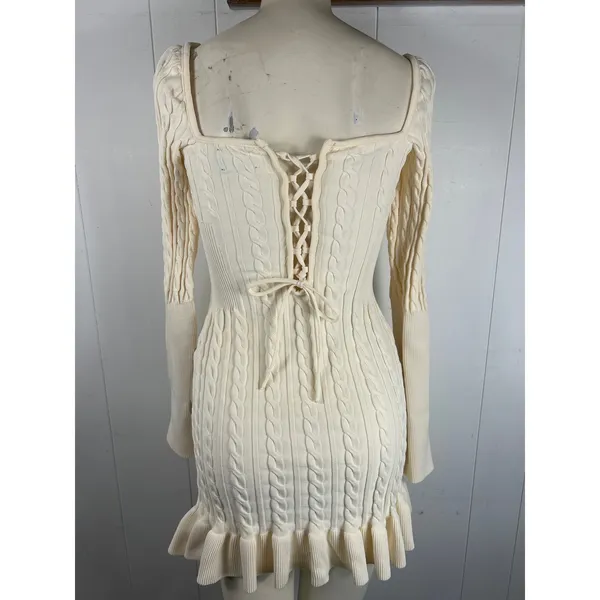 ASOS DESIGN long sleeve cable knit mini dress with frills lace up detail Size 8 - Image 4