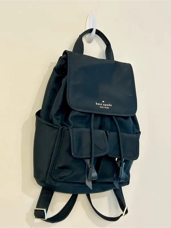 Kate Spade New York Carly Flap Drawstring Backpack in Black Technical Nylon - Image 4