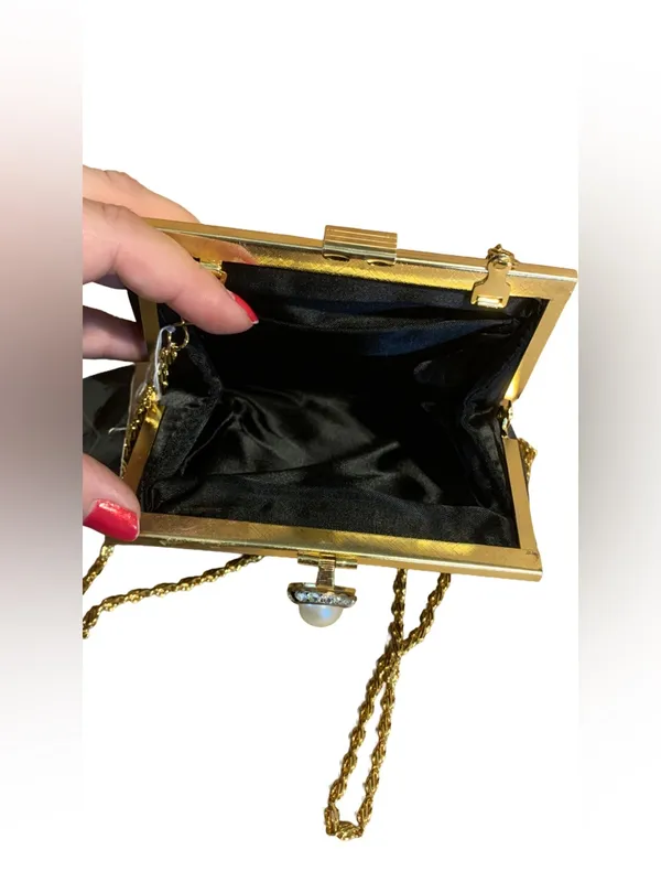 Slg Black And Gold Faux Pearl & Rhinestone Clasp Boxy Evening Bag - Image 6