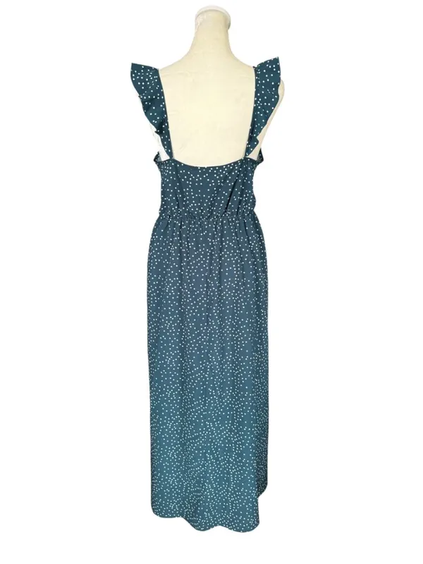 SHEIN maxi dress green and white polka dot v-neck flutter straps size medium - Image 4