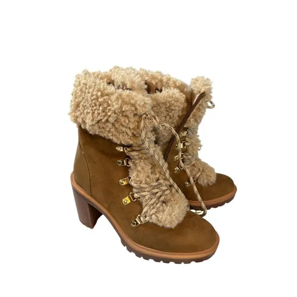 JLO Jennifer Lopez Brown Shearling-Lined Lace-Up Boots With Block Heel - Image 6