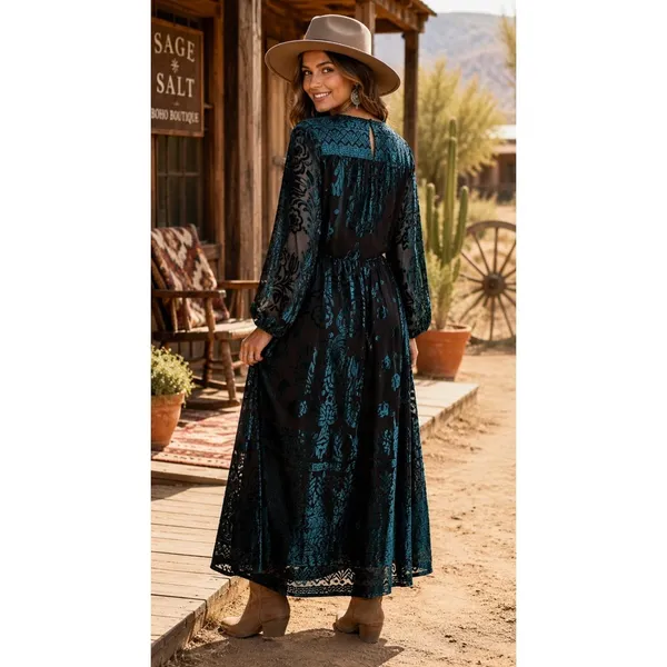 SOFT SURROUNDINGS‎ Floral Velvet Dimora Maxi Dress Teal Brown Burnout X-Large - Image 6