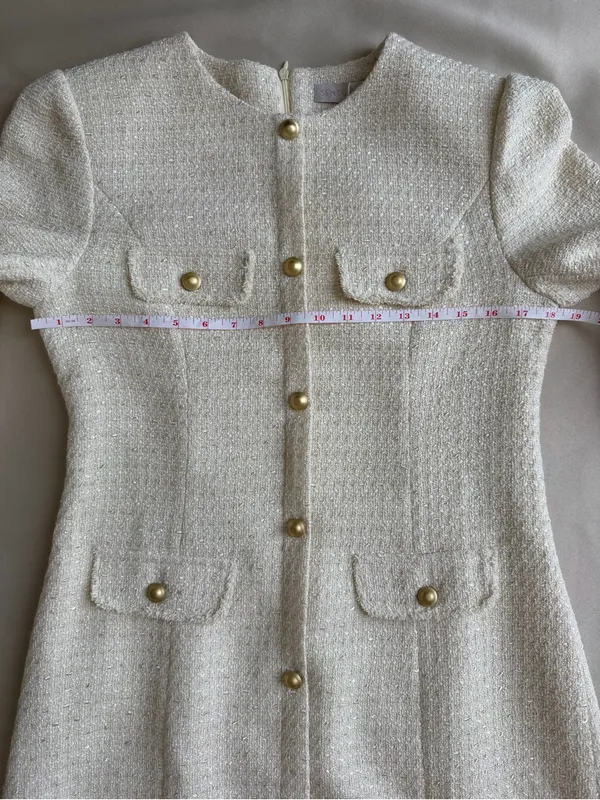 Sentubila Ivory Tweed Mini Dress Gold Buttons NWT Size L - Image 10