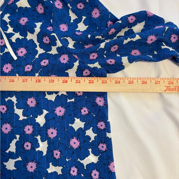Elle Blue Floral Boho Blouse XL Tie Neck Long Sleeve - Image 5
