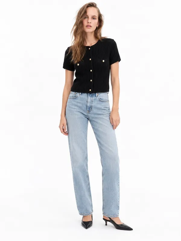 H&M Small Black Short Sleeve Knit Cardigan Gold Buttons Cropped Preppy Chic Top - Image 3