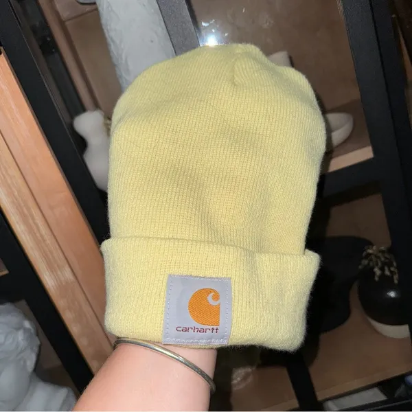 Carhartt WIP beanie hat logo patch unisex knit foldover acrylic limoncello watch - Image 2