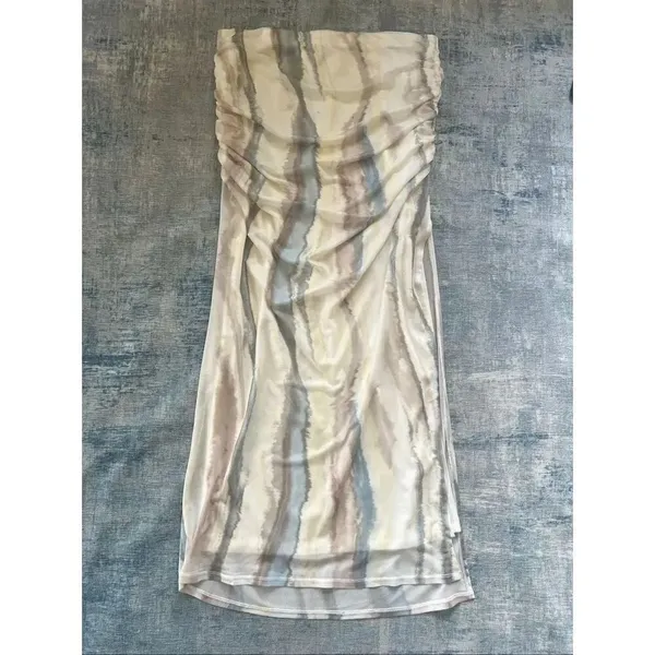 Open Edit Ivory Seafoam Swirl Ruched Side Slit Mesh Maxi Skirt XL - Image 2