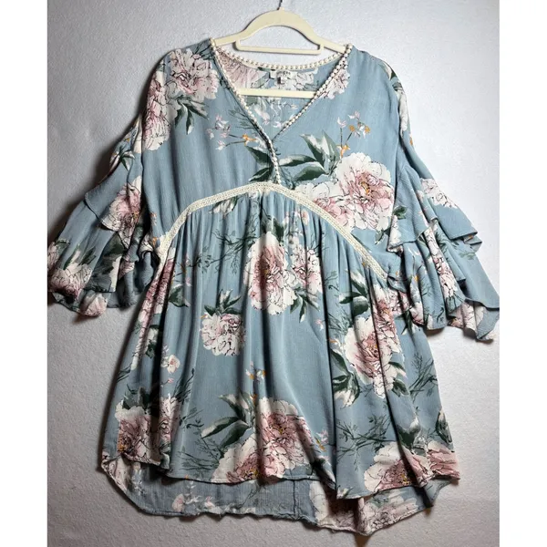 Umgee Floral Babydoll Tunic Top Blue Pink Ruffle Bell Sleeve Boho L - Image 3