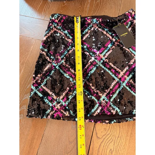 NWT Le Superbe Argyle Hotel Sequin Mini‎ Skirt Women Black Multi Plaid Size 2 - Image 9