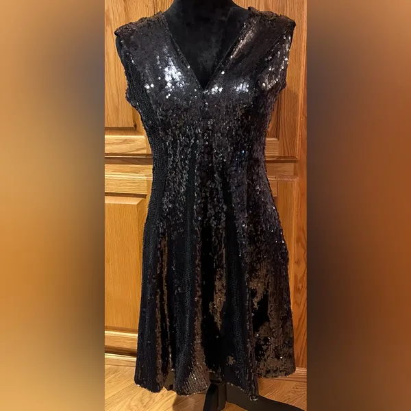 Dress the Population Marilyn Sequin Sleeveless V-Neck Mini Dress Black Sz Large‎ - Image 6