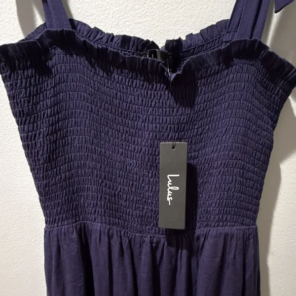Lulus Navy Smocked Tie Strap Square Neck Sleeveless Midi Dress Medium - Image 6