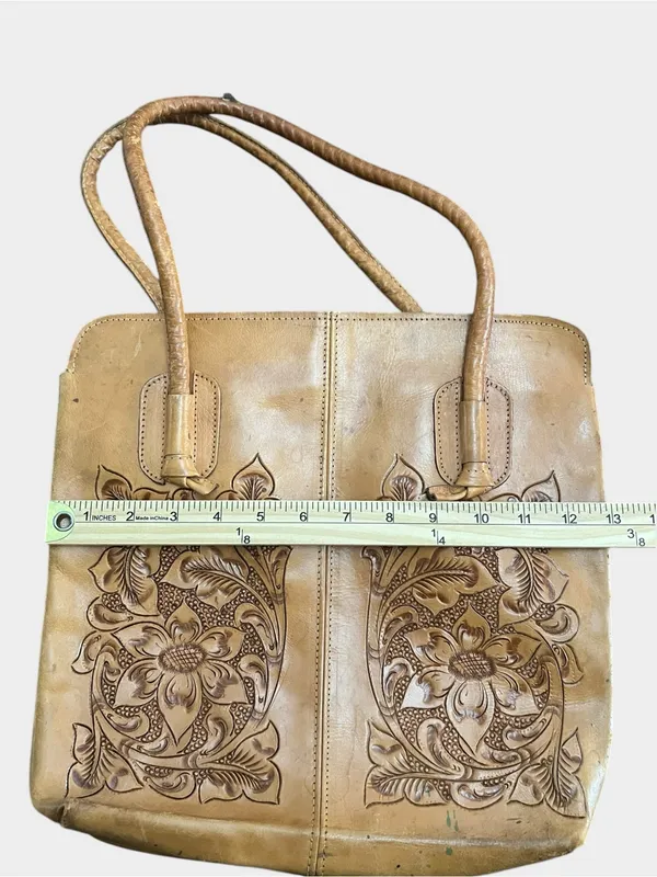 Vintage Mexican Hand Tooled Leather Tote Floral Carved Western Boho Shoulder Bag - Image 8