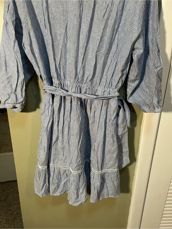 Zara Women's Size Large Mini Shirt Dress Blue White Stripes Crochet Belted Linen - Image 11