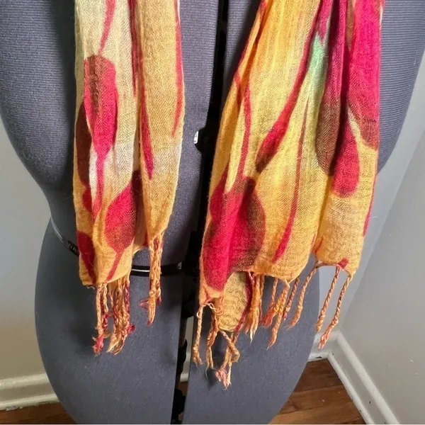 Rue 21 Women's Scarf Orange Yellow Magenta Pink Teal Fringe Hem Flower Rain - Image 4