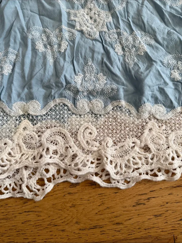 L - Democracy - Light Blue Boho Tunic with Cream Crochet Trim - Image 3