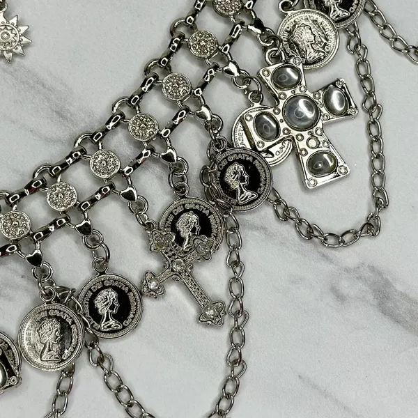 Rhinestone Cross and Coin Charm Silver Tone Metal Chain Link Belt OS One Size - Image 7