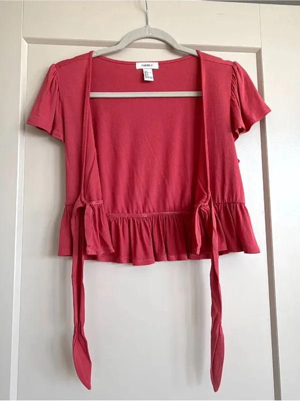 Forever 21 Pink Tie-Front Ruffle Crop Top, Size S - Image 2