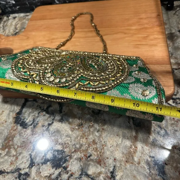 Evening Bag Beaded Sequin Clutch India Purse Green Gold Prom Formal - Image 9