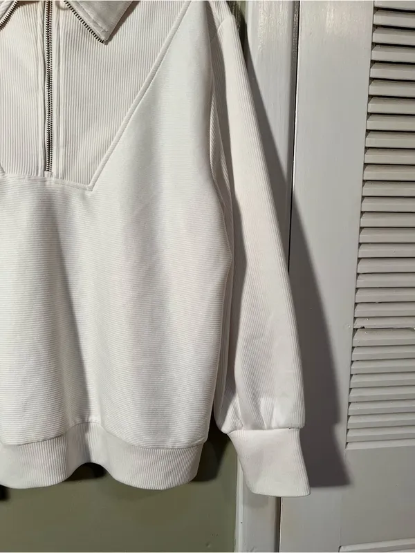 Merokeety Women's Size Large Quarter Zip V Neck Collar Ribbed Sweatshirt Cream - Image 5