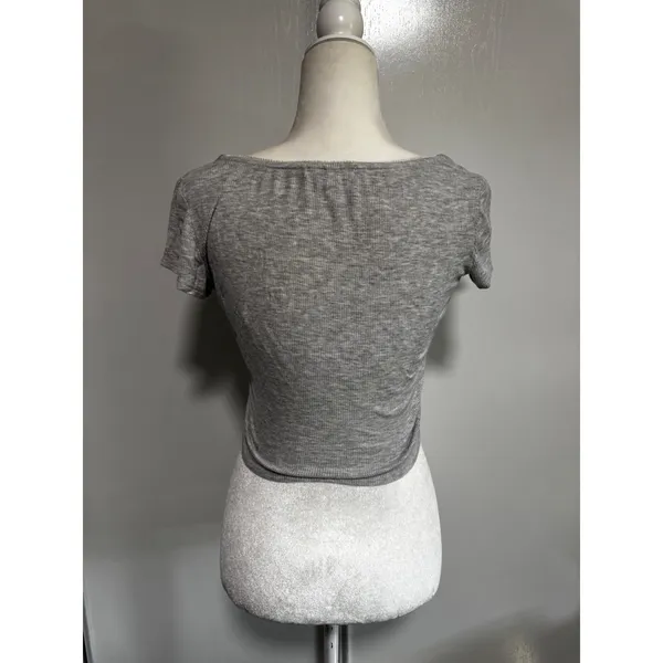 Planet Gold Womens Heather Gray Ribbed Scoop Neck Cropped T-Shirt Size M - Image 2