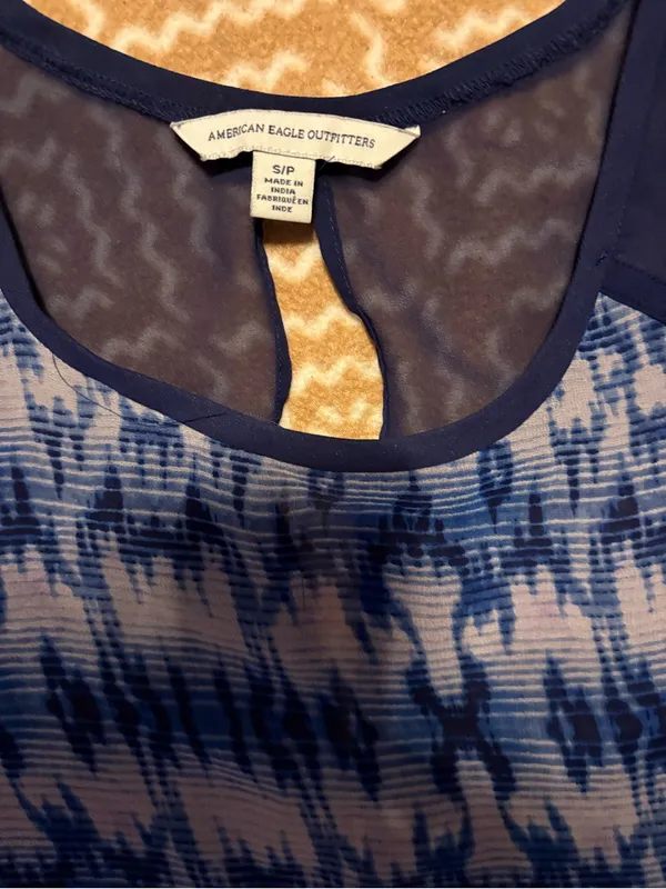 American Eagle Outfitters Navy Blue Ikat Print Mixed-Media Top - Image 3