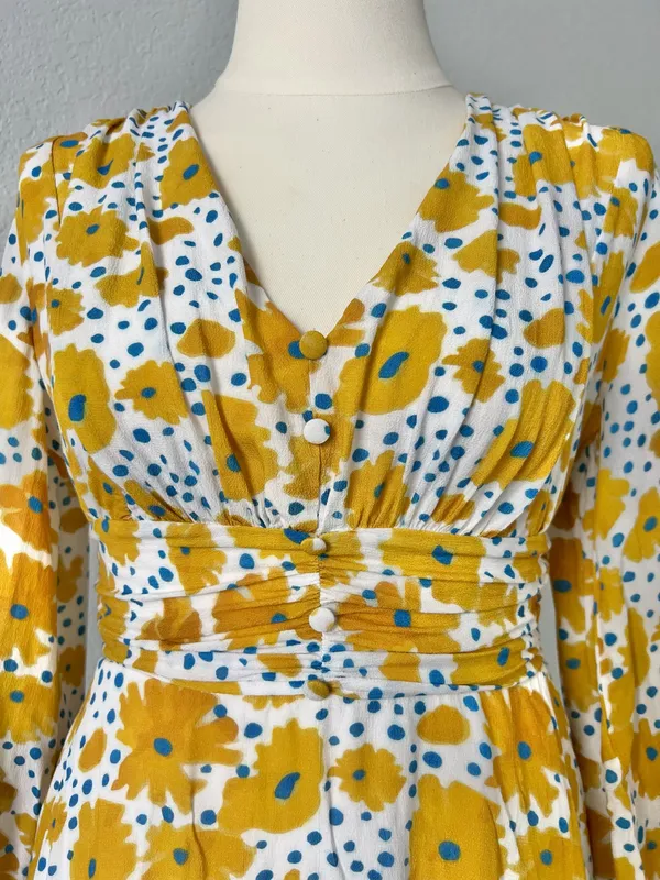 Vera for Anthropologie Sz XS Buttercup Mini Dress Floral Yellow Blue Buttons - Image 9