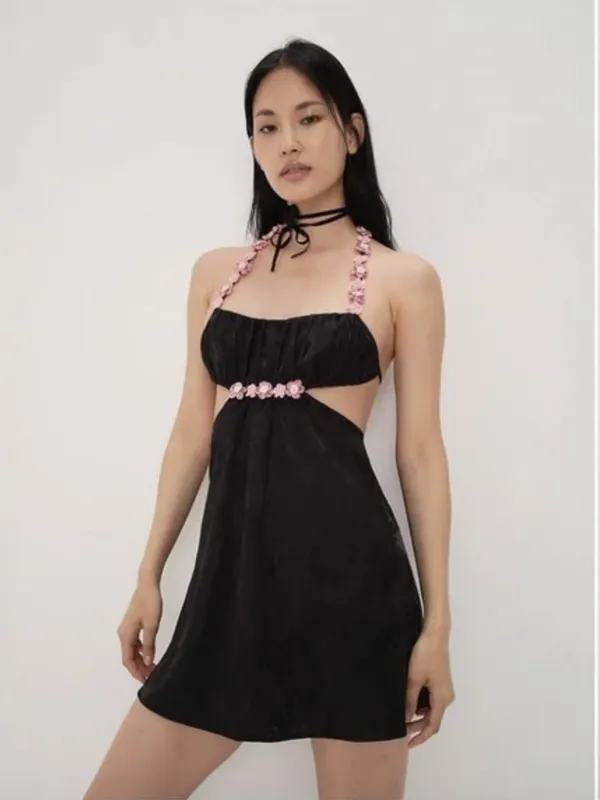 NWT For Love And Lemons Millie Slip Dress XXS Black Pink Rose Floral - Image 2