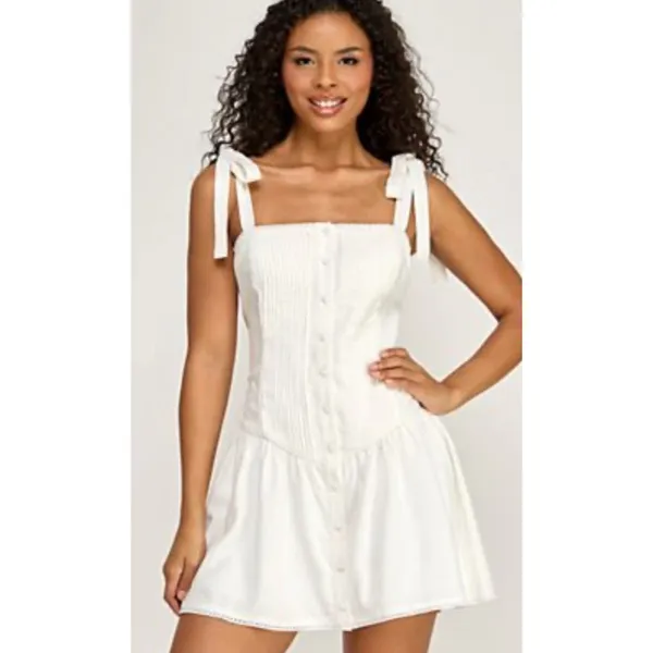 Zara Oyster White Strappy Pleated Smocked Cotton Blend Short Dress Size S - Image 3
