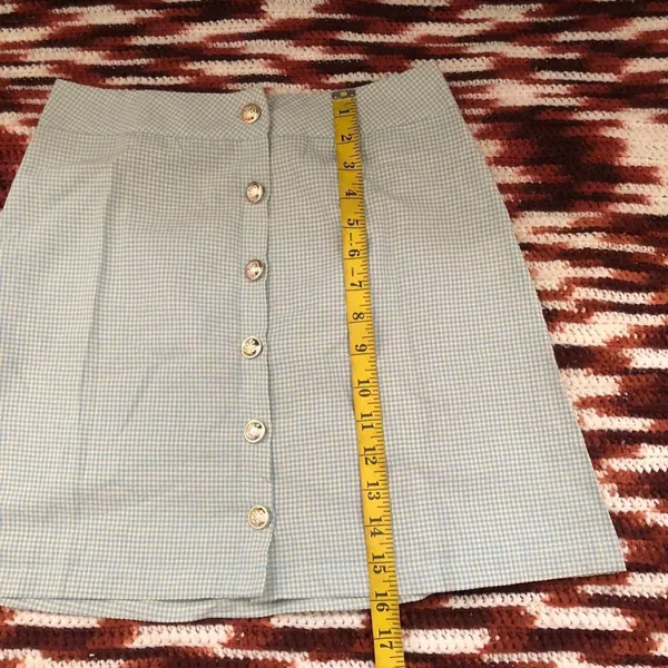 Y2K Coquette Mint Pastel Green white checkered plaid gingham houndstooth high-waisted mini skirt gold buttons #cottagecore #preppy #academia office siren core Measurement in pics - Image 3