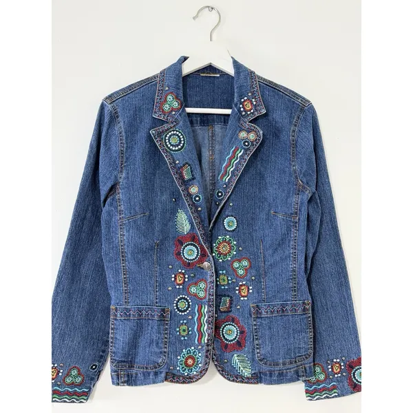 Women’s Aztec Embroidered Denim Jacket Boho Western Floral Pocket Size S - Image 2